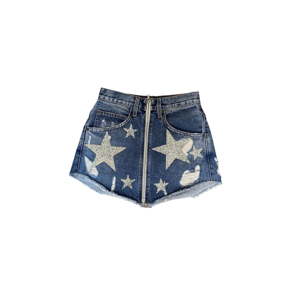 Carmar Skirt Womens 25 Blue Denim Rhinestone Star Distressed Front Zip Mini